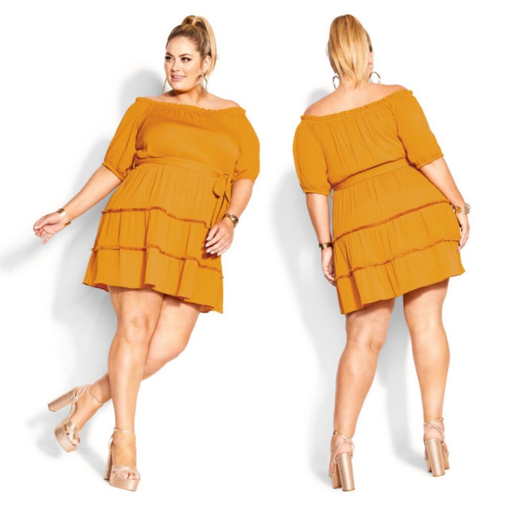NWT City Chic Gold Fiesta Fringe On/Off Shoulder Tiered Mini Dress 18